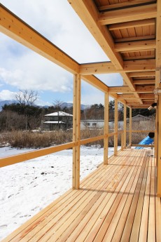 広い杉のウッドデッキ